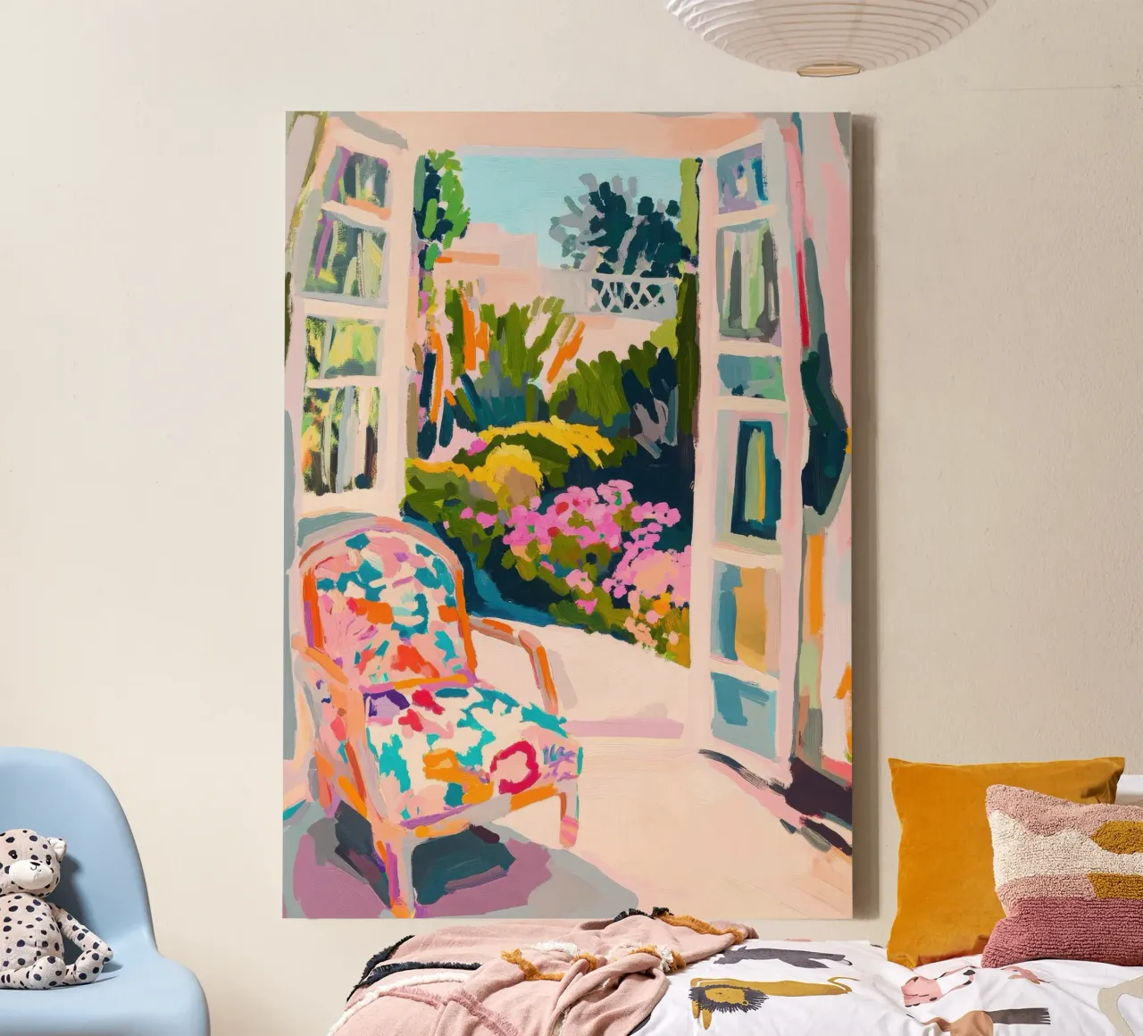 Armchair in front of open doors to the garden canvas with Floater frame by Nikis Art Studio