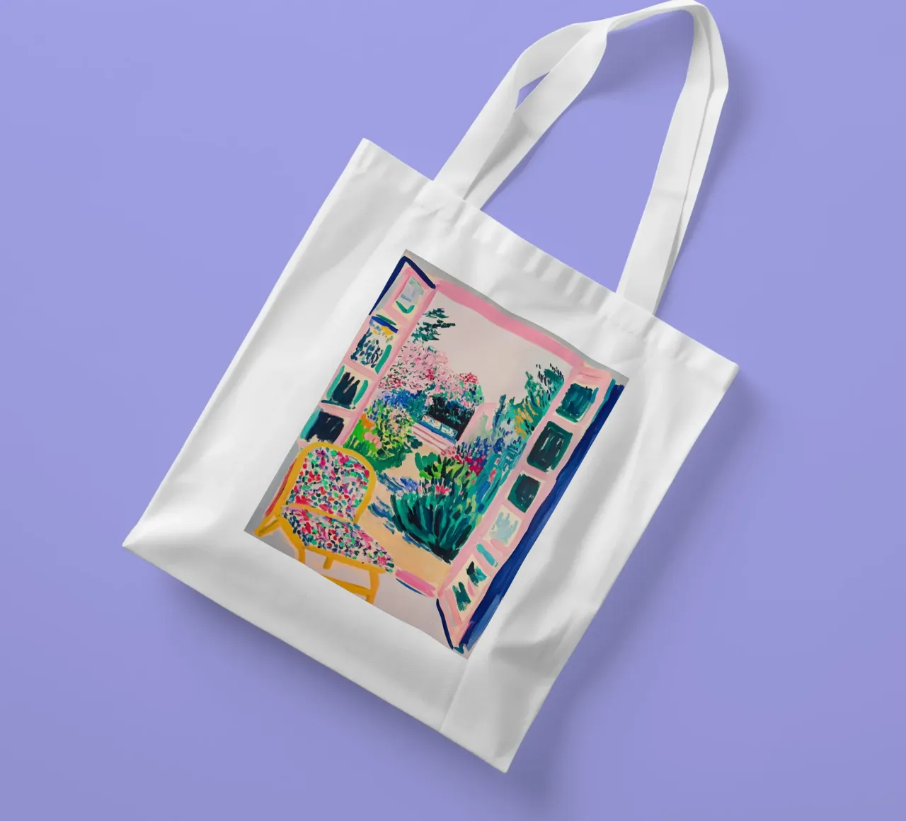 Colourful garden view through the open window tote bag by Nikis Art Studio