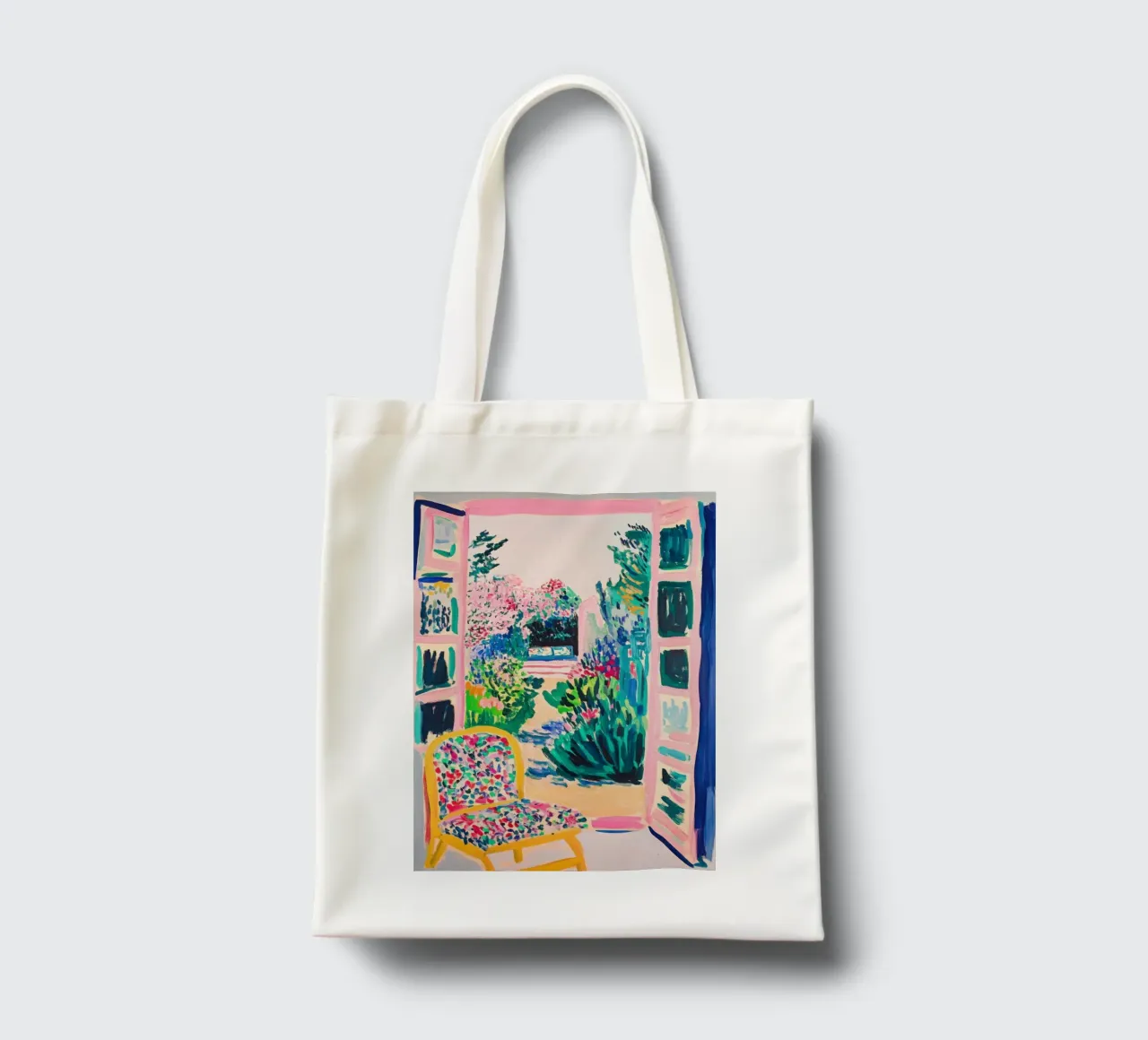 Colourful garden view through the open window tote bag by Nikis Art Studio