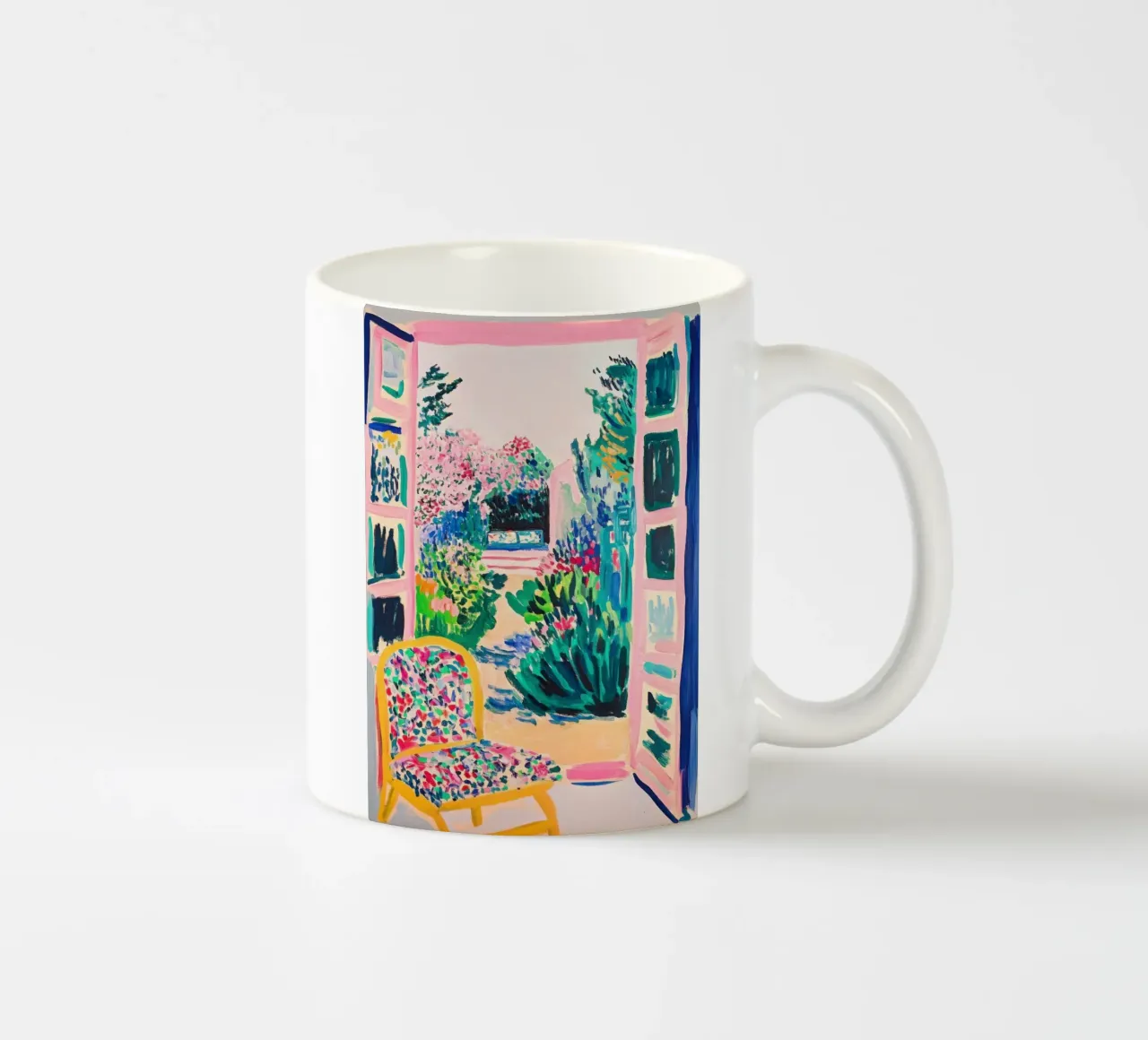 Vue colorée sur le jardin par la fenêtre ouverte mug en céramique de Nikis Art Studio