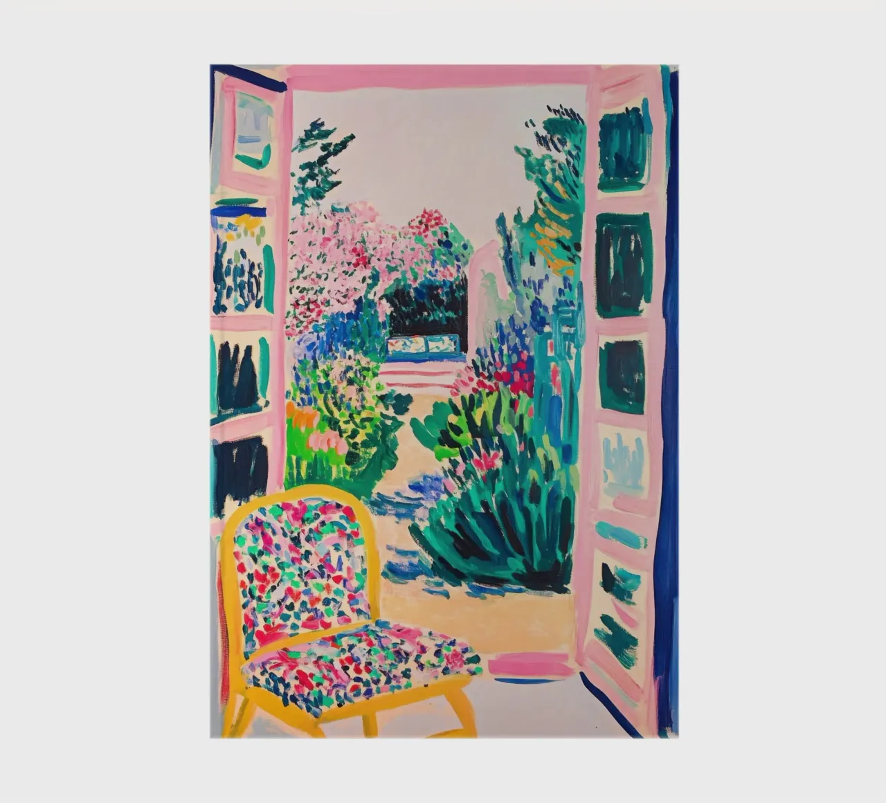 Colourful garden view through the open window notebook by Nikis Art Studio