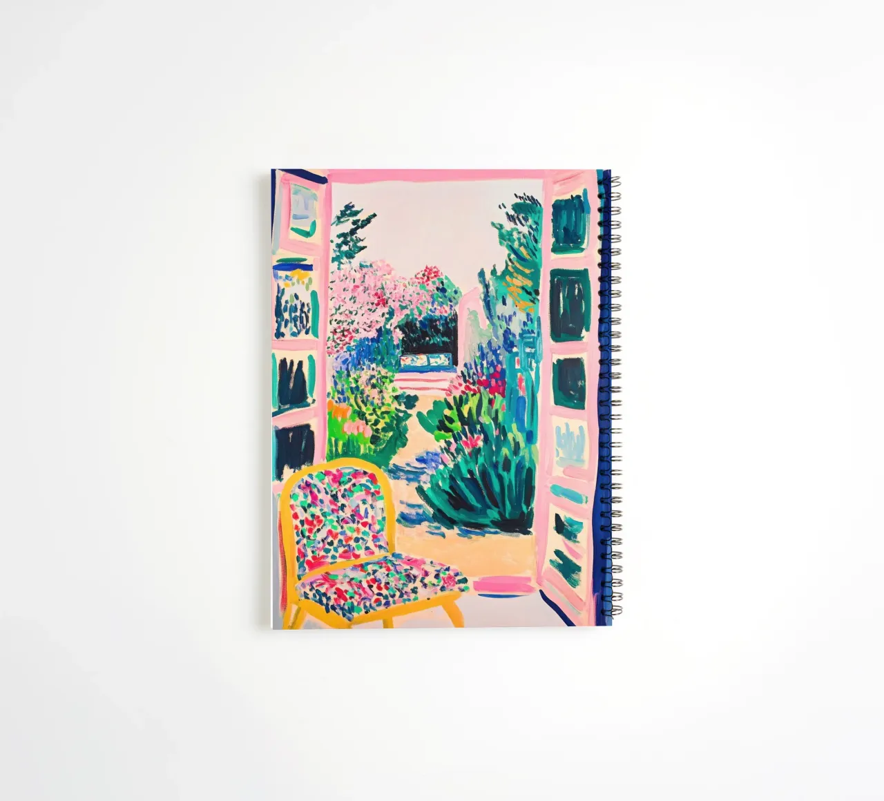 Colourful garden view through the open window spiral notebook by Nikis Art Studio