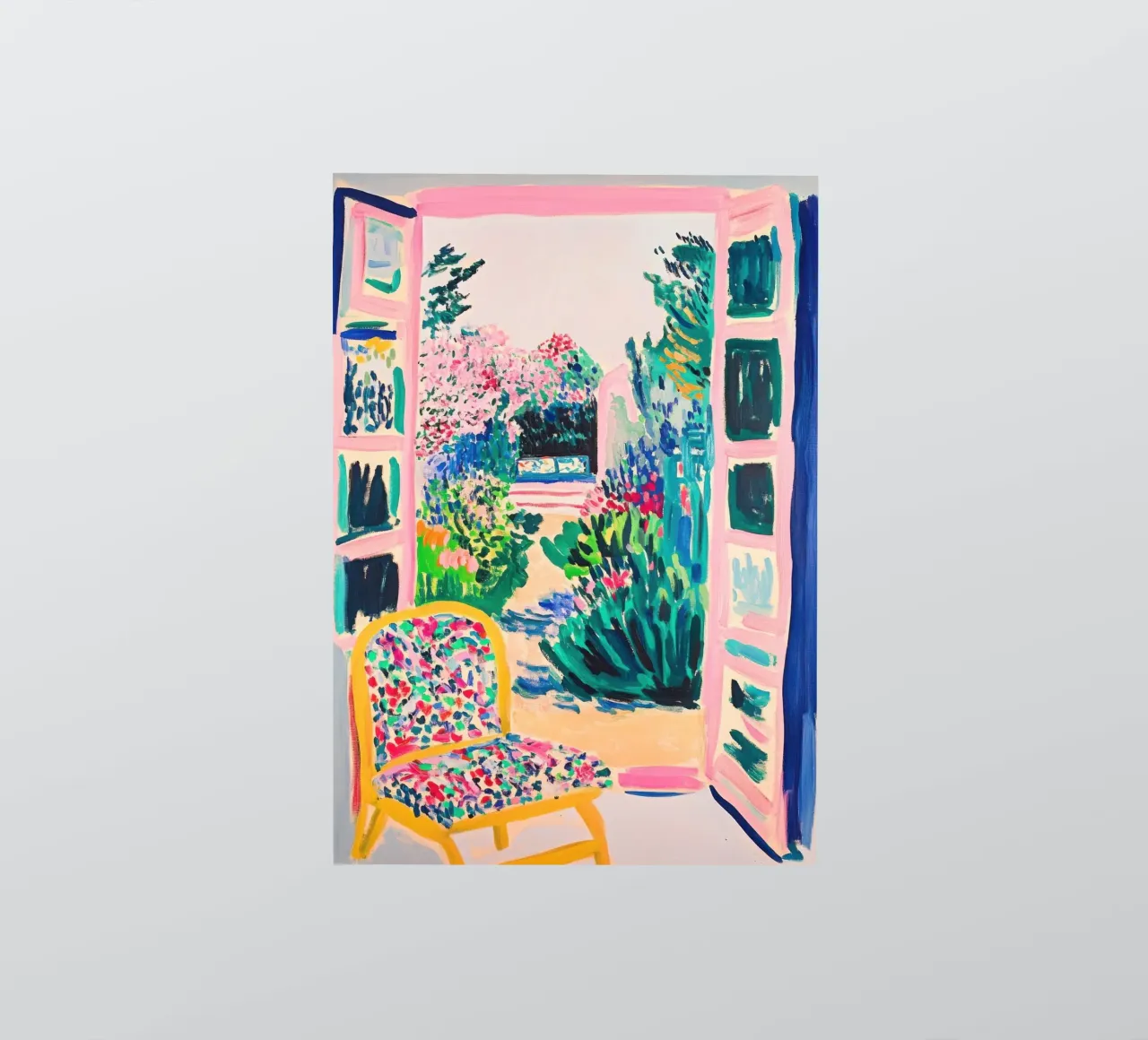 Vue colorée sur le jardin par la fenêtre ouverte autocollant de Nikis Art Studio