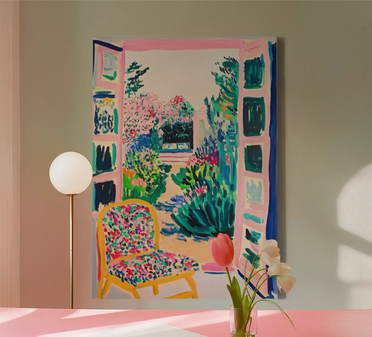 Colourful garden view through the open window canvas by Nikis Art Studio