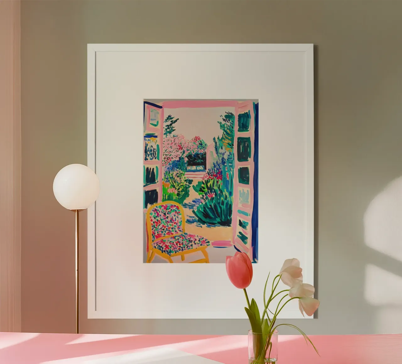 Vue colorée sur le jardin par la fenêtre ouverte poster de Nikis Art Studio