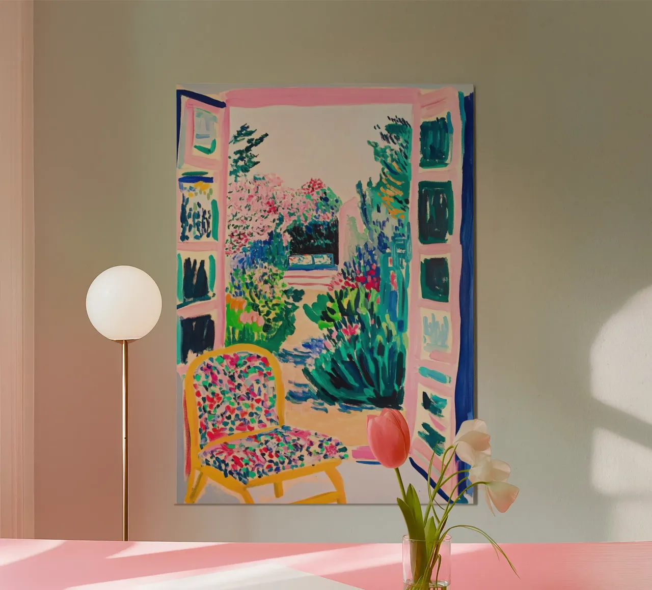 Vue colorée sur le jardin par la fenêtre ouverte poster de Nikis Art Studio