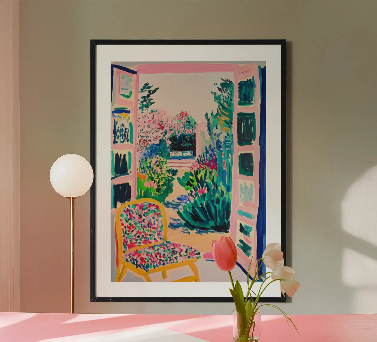 Vue colorée sur le jardin par la fenêtre ouverte poster de Nikis Art Studio
