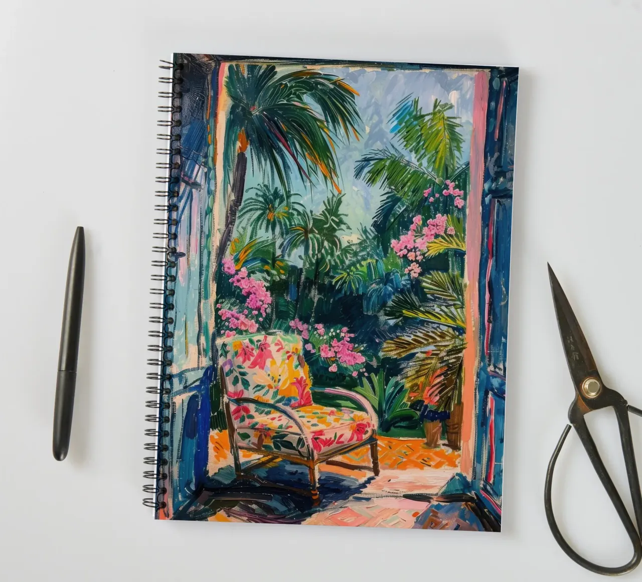 View through the open door to the tropical garden spiral notebook by Nikis Art Studio