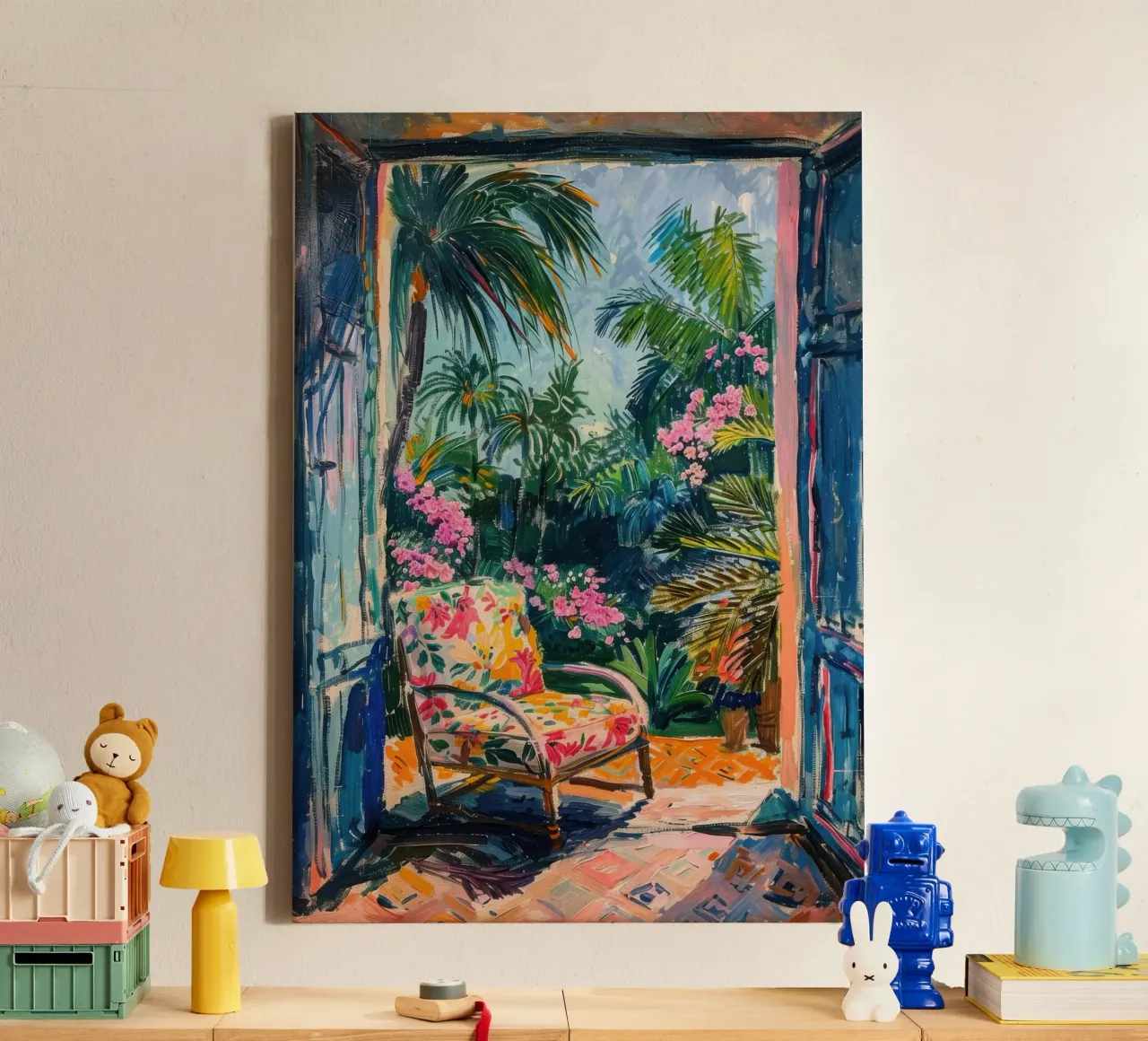 Vue sur le jardin tropical à travers une porte ouverte toile avec Caisse américaine de Nikis Art Studio