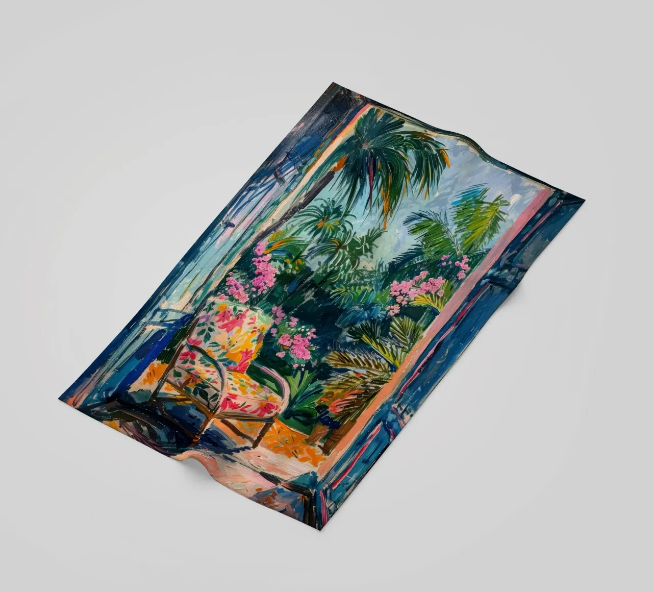 View through the open door to the tropical garden beach towel by Nikis Art Studio