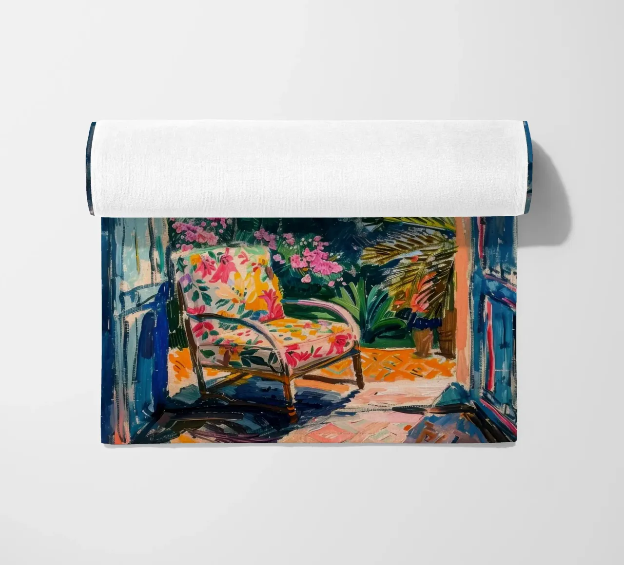 View through the open door to the tropical garden beach towel by Nikis Art Studio