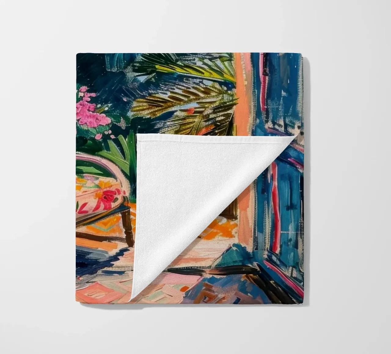 View through the open door to the tropical garden beach towel by Nikis Art Studio