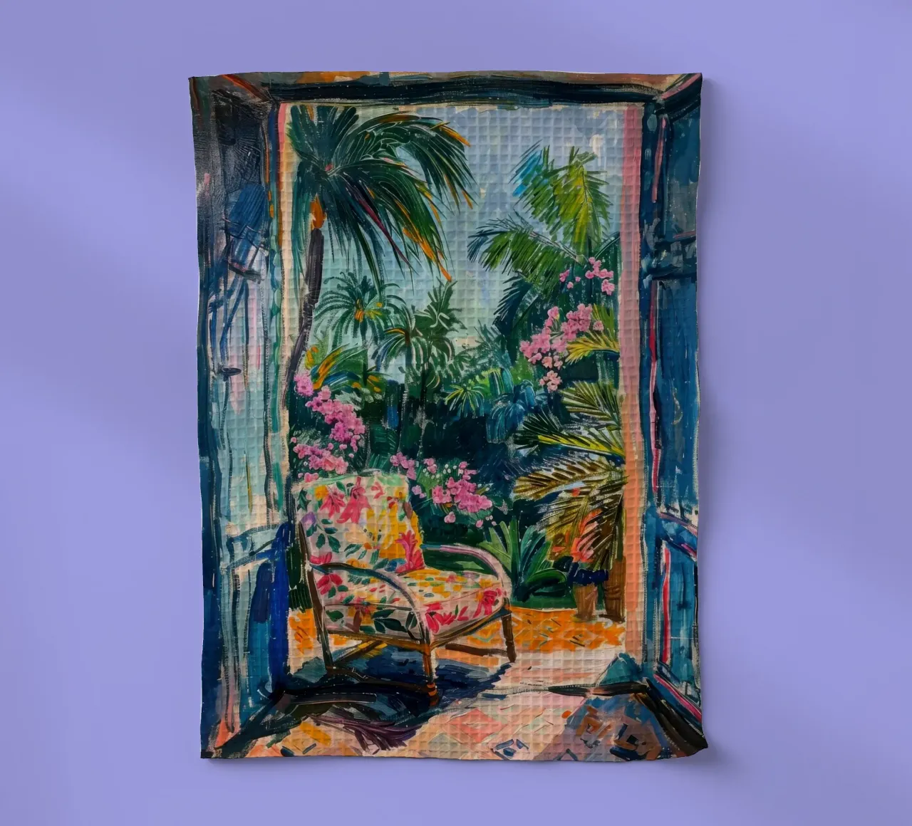 Vue sur le jardin tropical à travers une porte ouverte torchon de Nikis Art Studio
