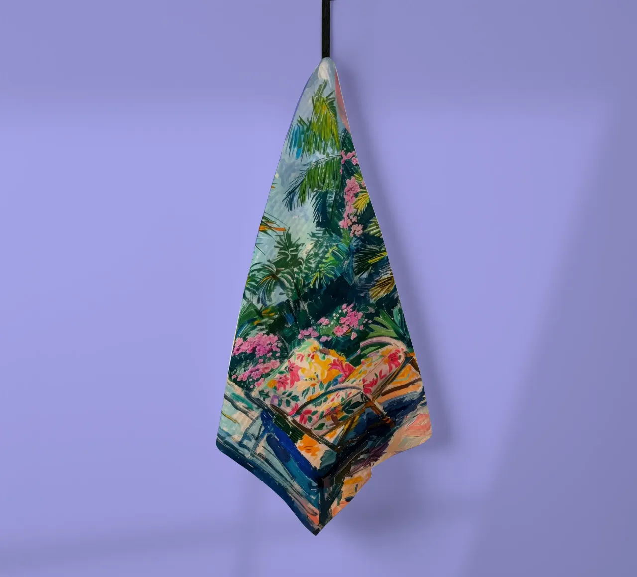 Vue sur le jardin tropical à travers une porte ouverte torchon de Nikis Art Studio