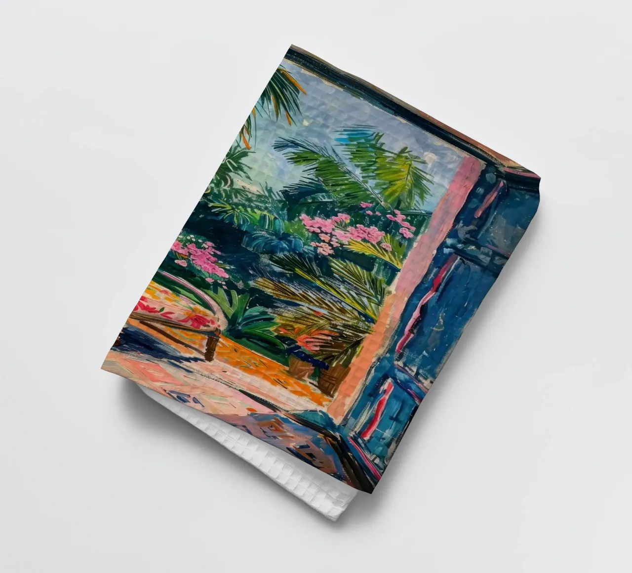 Vue sur le jardin tropical à travers une porte ouverte torchon de Nikis Art Studio