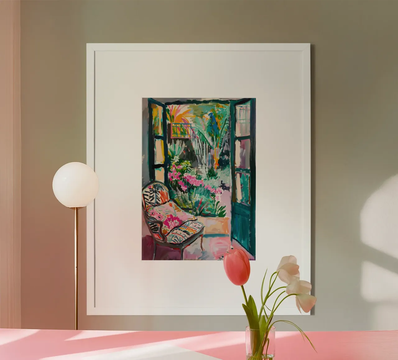 Porta aperta sul giardino tropicale poster con telaio in legno da Nikis Art Studio