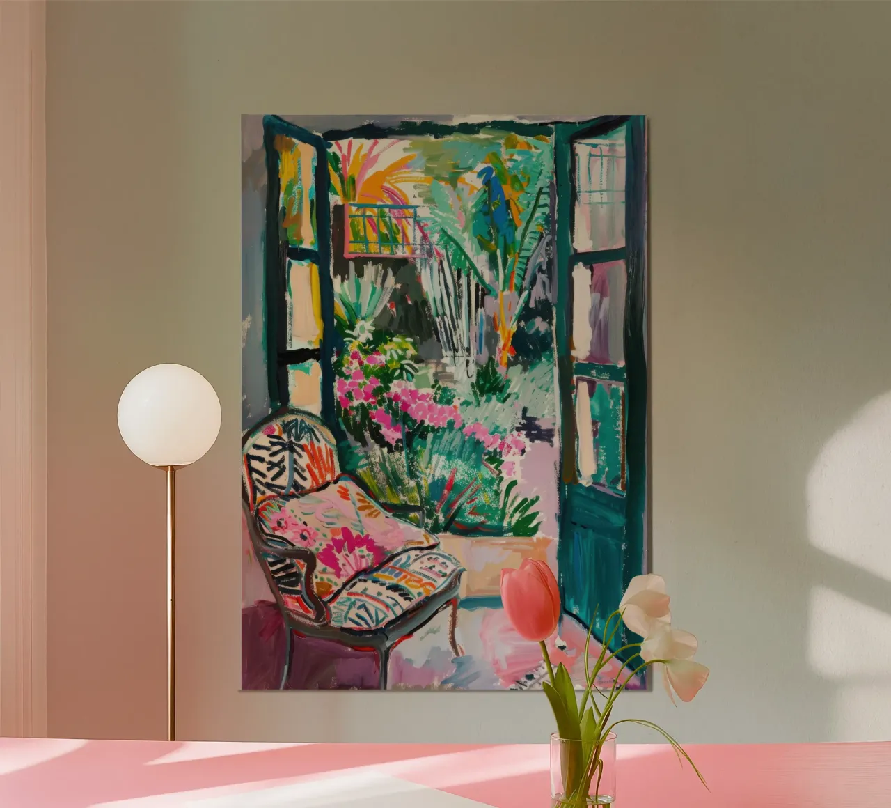 Porta aperta sul giardino tropicale poster con telaio in legno da Nikis Art Studio