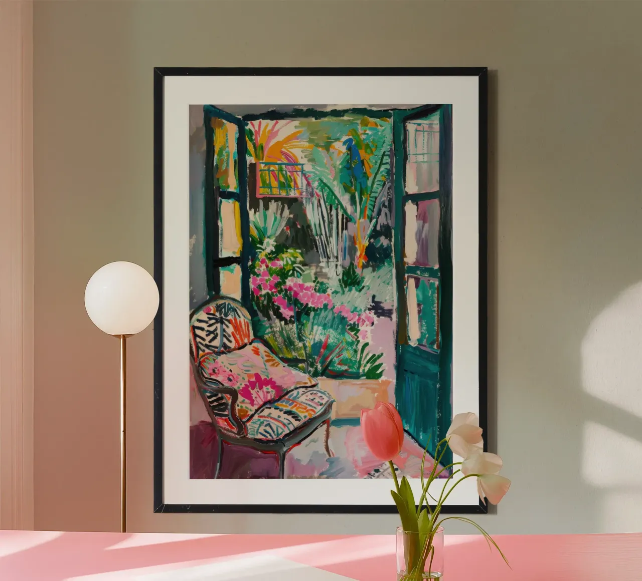 Porta aperta sul giardino tropicale poster con telaio in legno da Nikis Art Studio