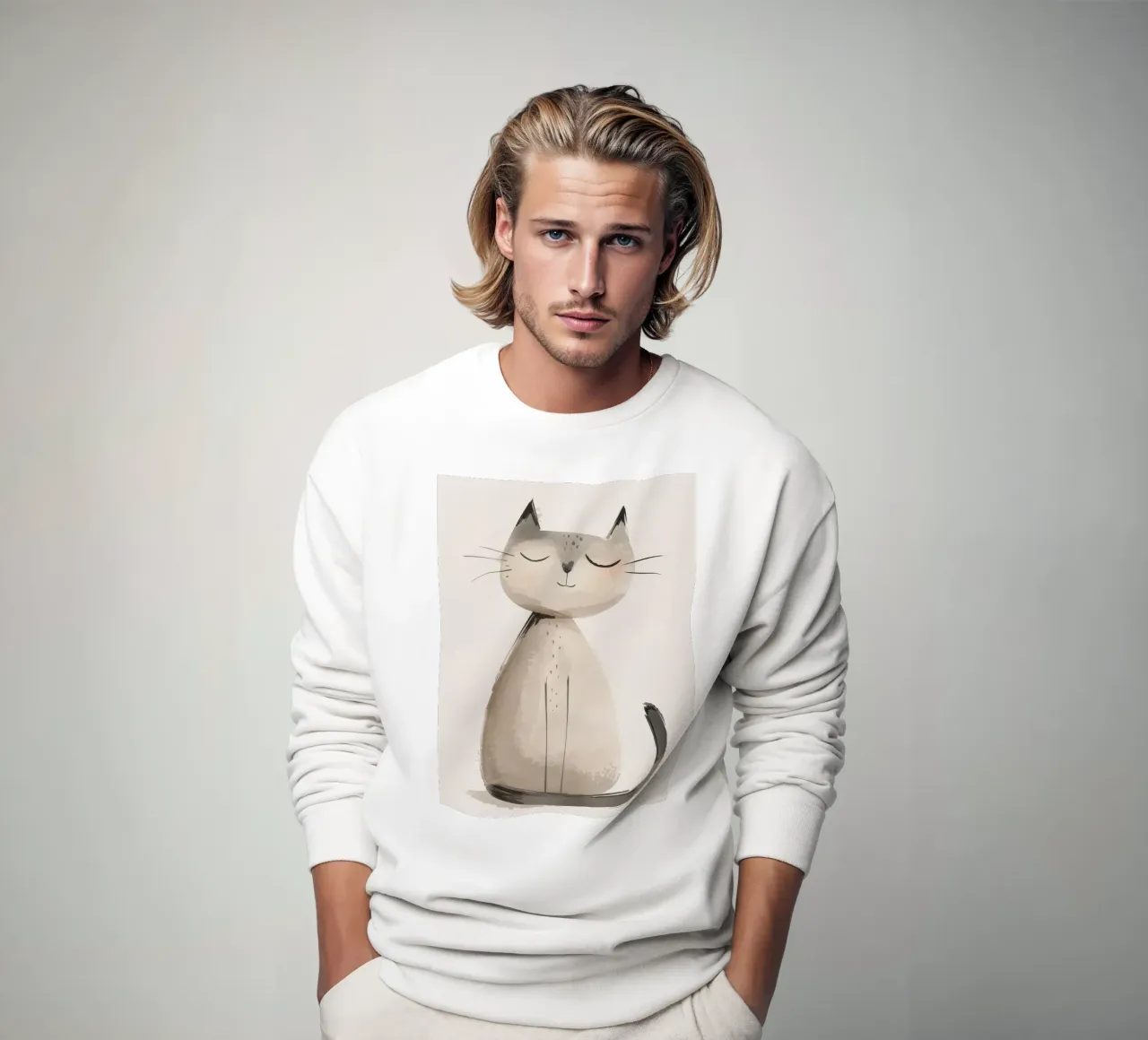 Serene Sitting Cat in Soft Watercolors sweatshirt by DesignDoodle
