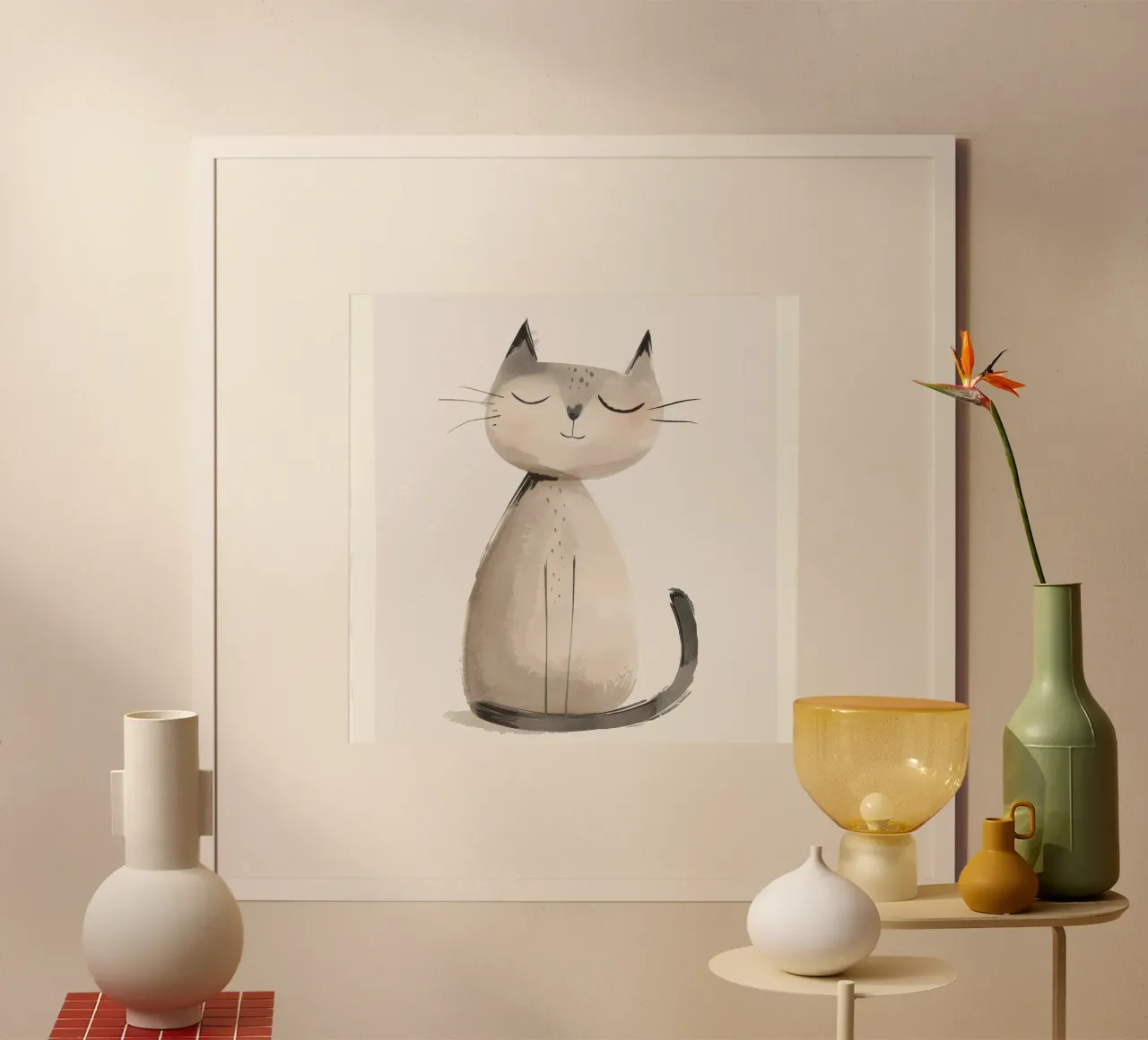 Gatto sereno seduto in morbidi acquerelli poster con telaio in plastica da DesignDoodle