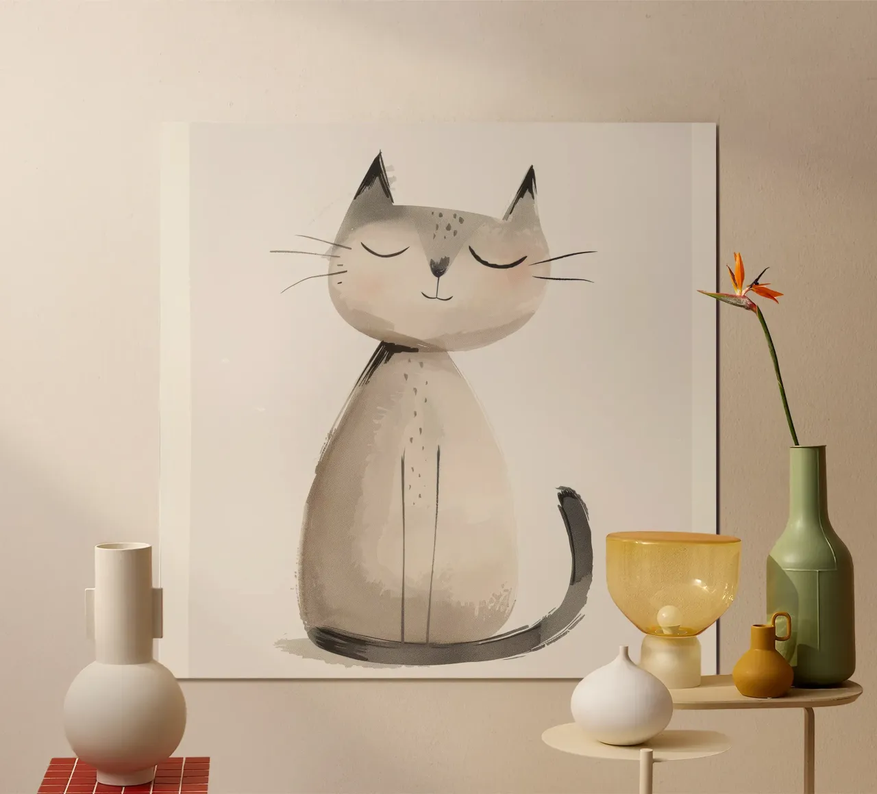 Gatto sereno seduto in morbidi acquerelli poster con telaio in plastica da DesignDoodle