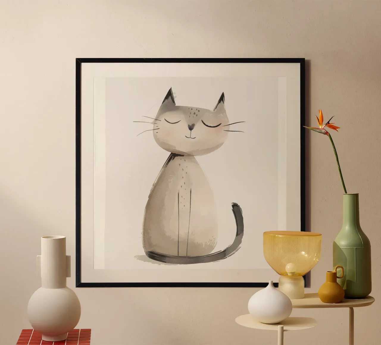 Gatto sereno seduto in morbidi acquerelli poster con telaio in plastica da DesignDoodle