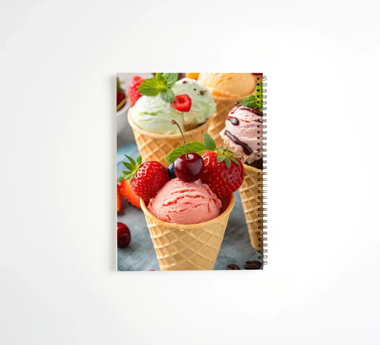 Assorted Ice Cream Cones With Fresh Accents spiral notebook by 🥩 The tasty wall