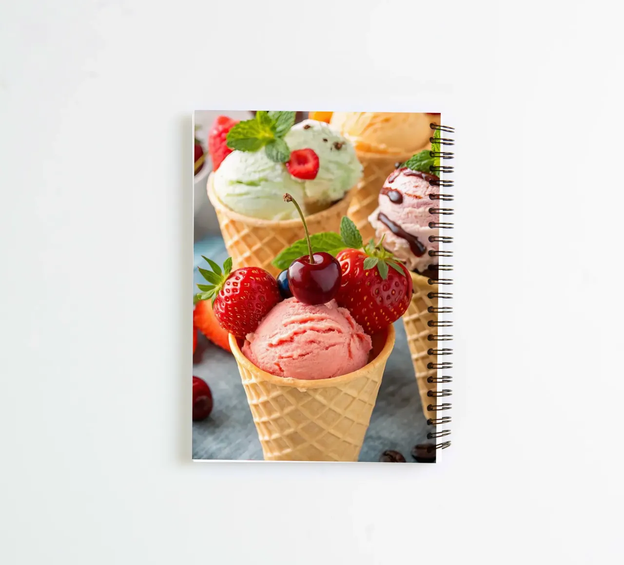 Assorted Ice Cream Cones With Fresh Accents spiral notebook by 🥩 The tasty wall