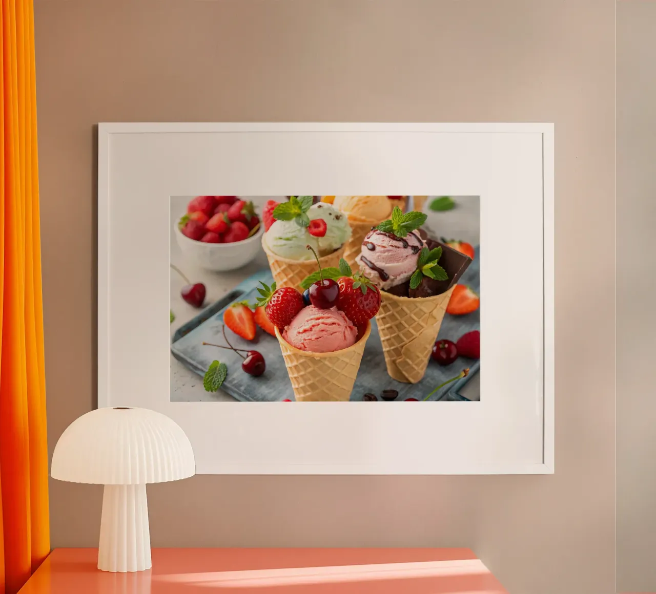 Surtido de conos de helado con toques frescos poster con marco de plástico de 🥩 The tasty wall