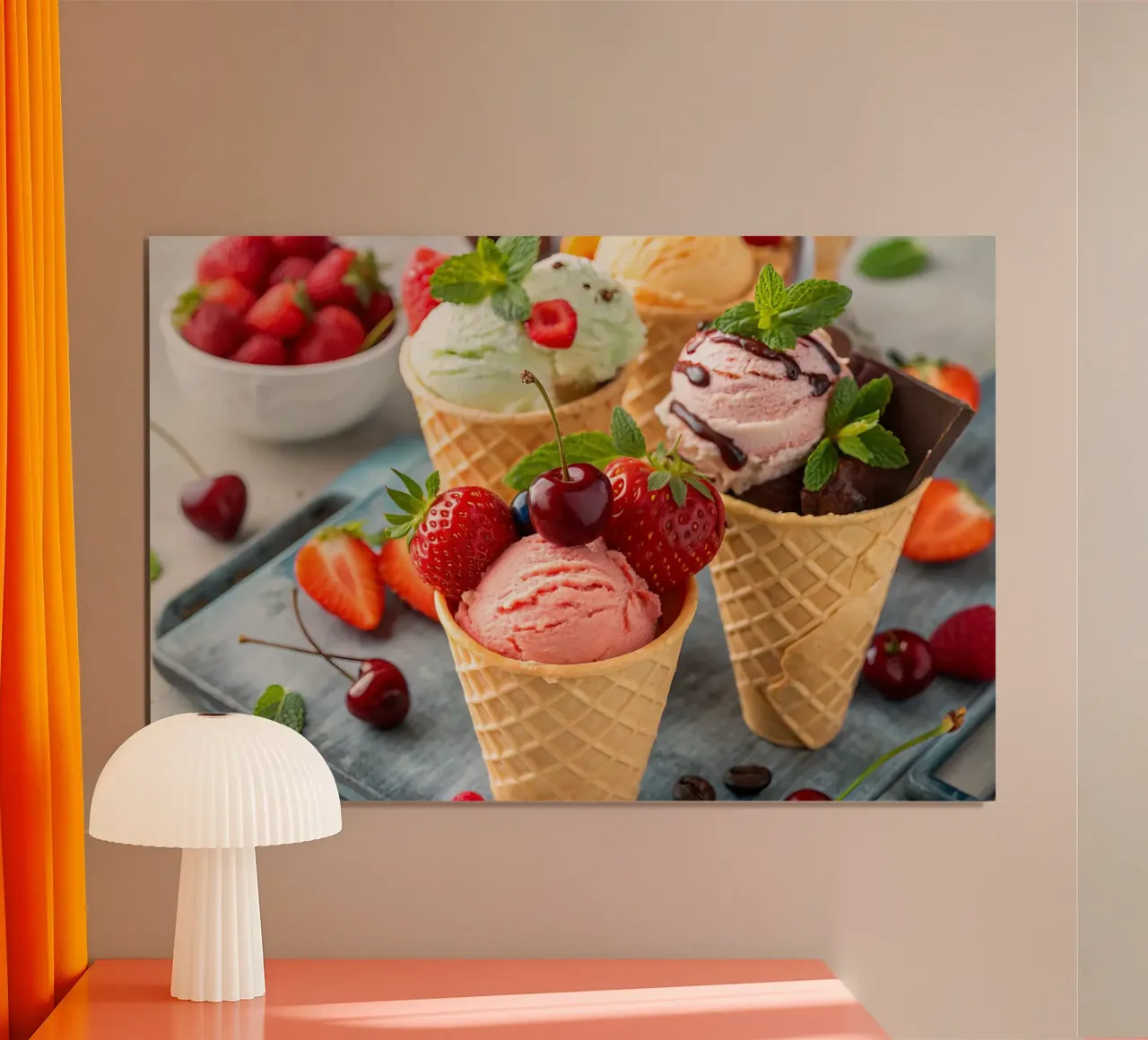 Surtido de conos de helado con toques frescos poster con marco de plástico de 🥩 The tasty wall