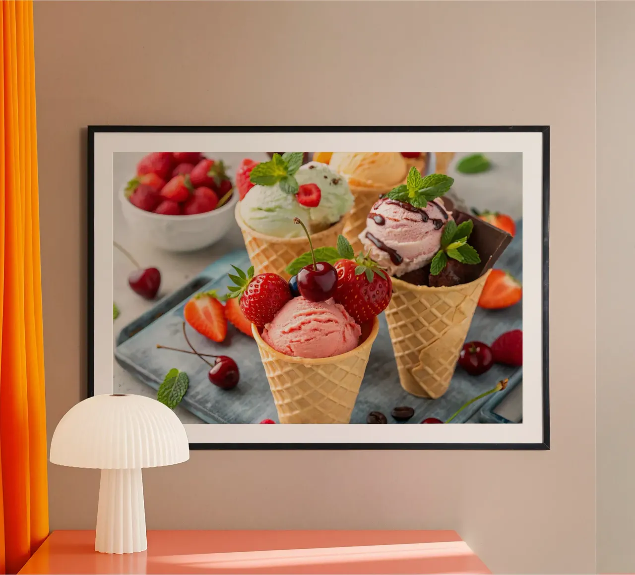 Surtido de conos de helado con toques frescos poster con marco de plástico de 🥩 The tasty wall