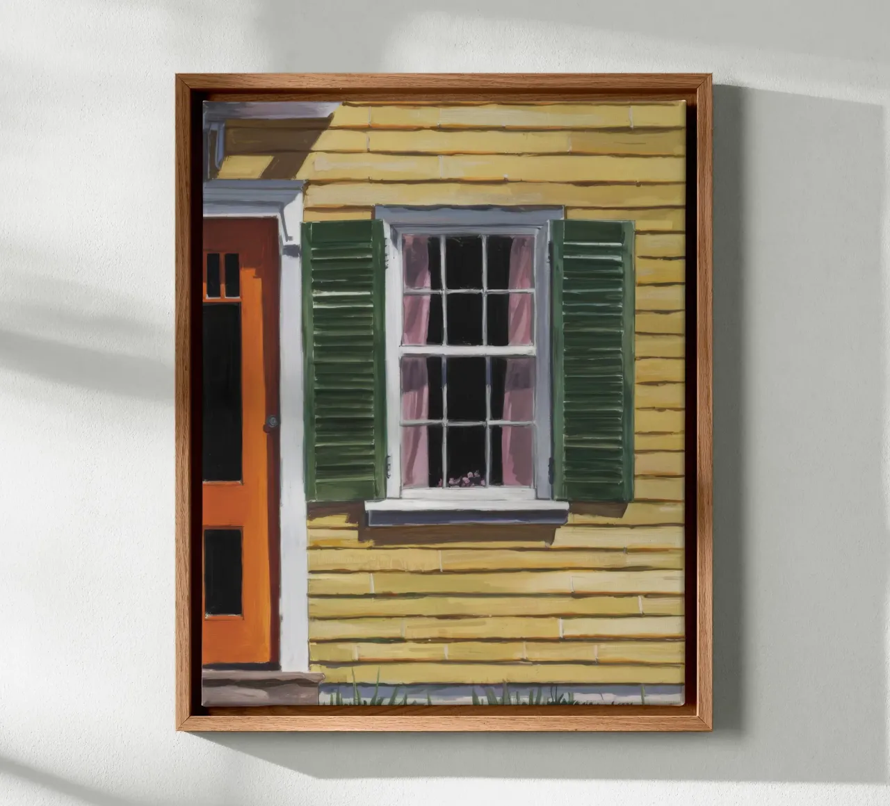 Sunlit Yellow Shutter canvas with Floater frame by Silk Palette
