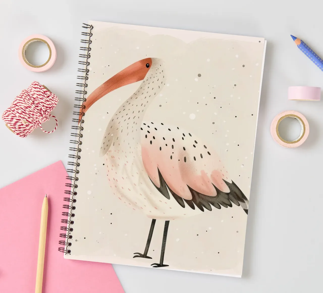 Delicate roze en witte Ibis in aquarel notitieboek met spiraal van DesignDoodle