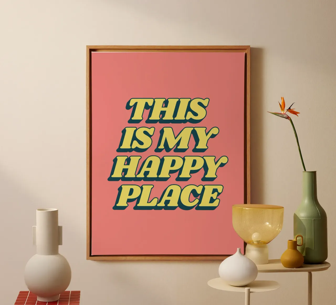 This is My Happy Place Typography Print in Yellow Pink canvas with Floater frame by THE MOTIVATED TYPE