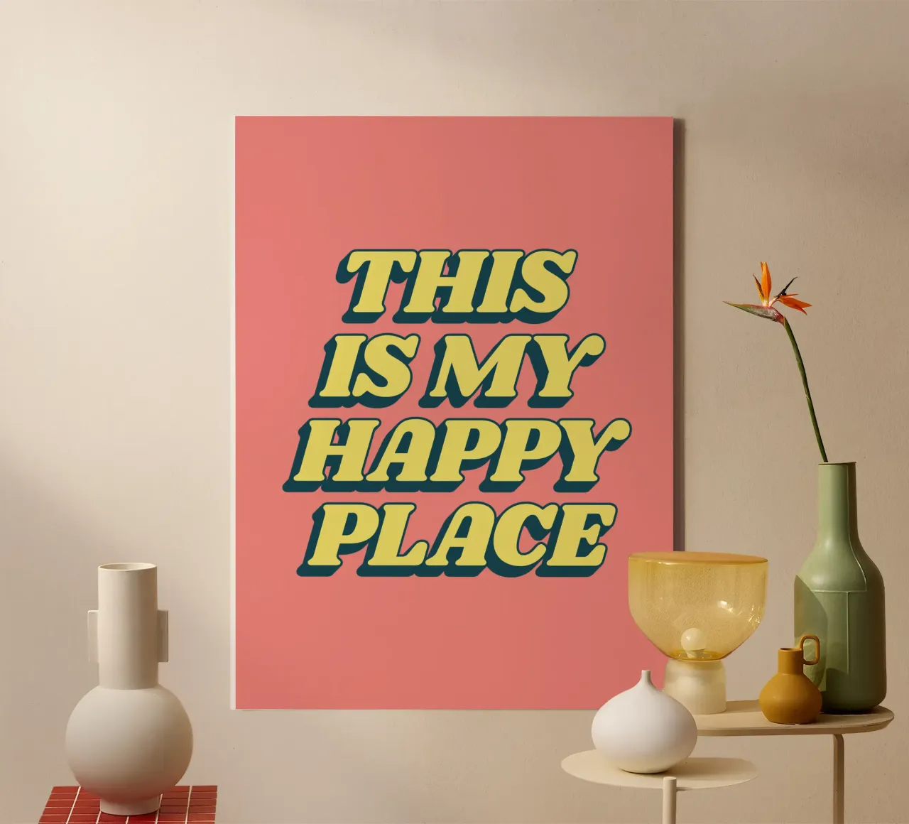 This is My Happy Place Typography Print in Yellow Pink canvas with Floater frame by THE MOTIVATED TYPE