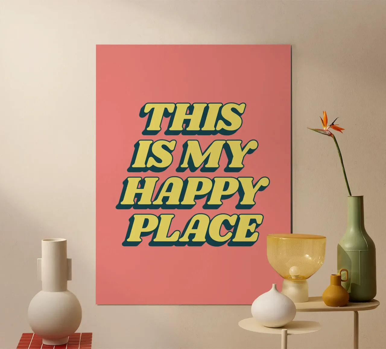 Stampa tipografica "This is My Happy Place" in giallo rosa carta hahnemühle da THE MOTIVATED TYPE
