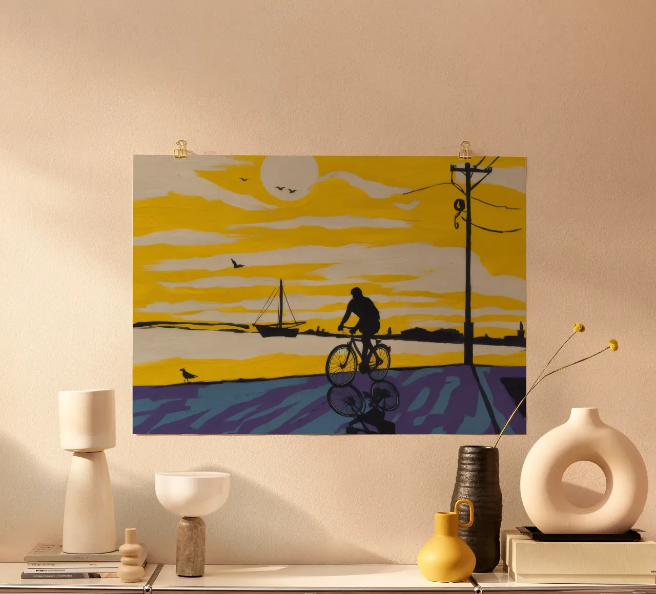 Viaggio ciclista al crepuscolo poster con telaio in plastica da Silk Palette