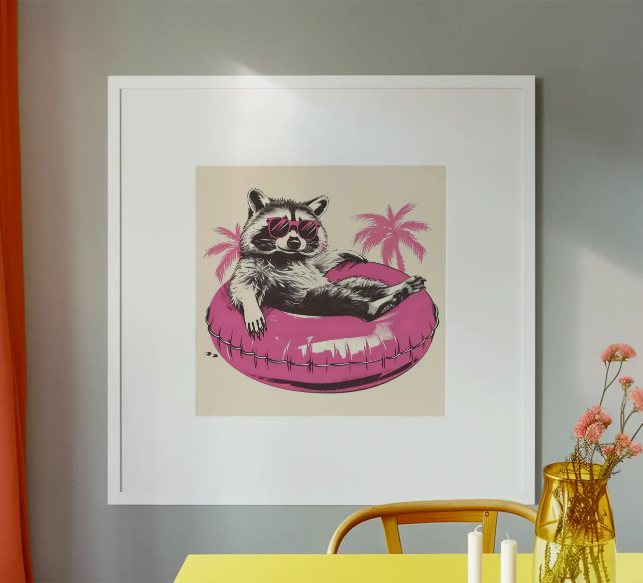 Waschbär mit Sonnenbrille im Schwimmreifen poster con telaio in plastica da WILD ART