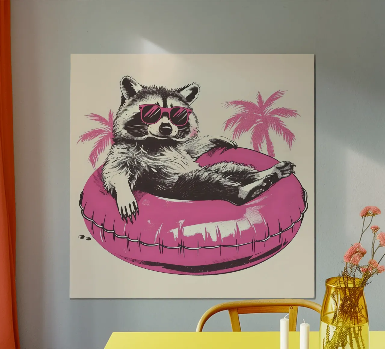 Waschbär mit Sonnenbrille im Schwimmreifen poster con telaio in plastica da WILD ART