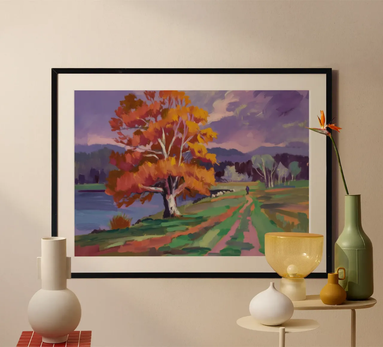 Bagliore cremisi del lago poster con telaio in plastica da Celestial Harmony