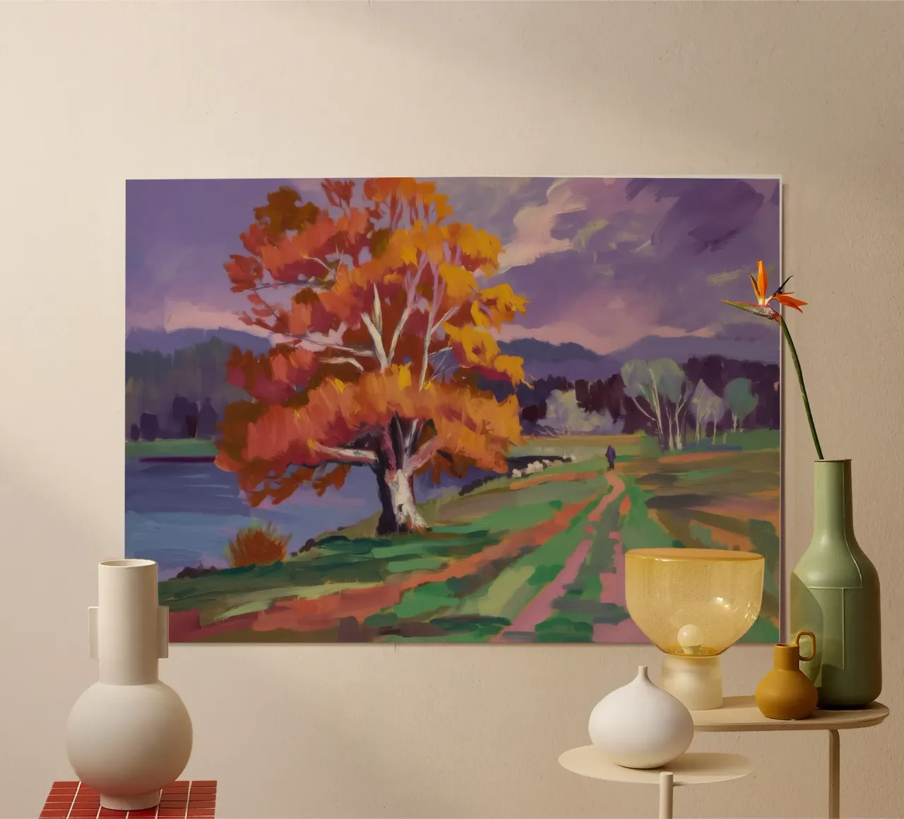 Bagliore cremisi del lago poster con telaio in plastica da Celestial Harmony