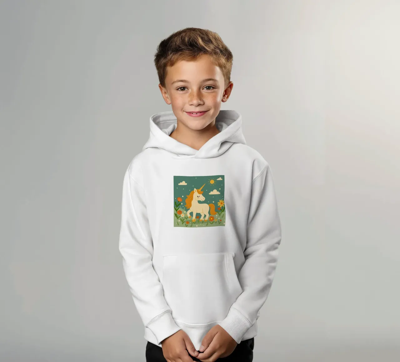 Unicorn on a flower meadow - Cheerful scene with sunshine kids hoodie by namosh