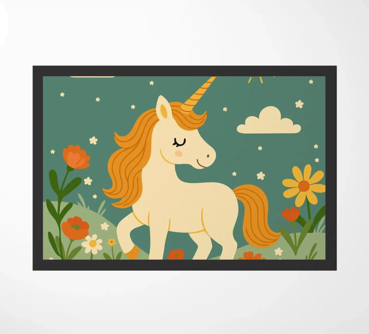 Licorne dans un champ de fleurs - Scène joyeuse avec le soleil paillasson de namosh