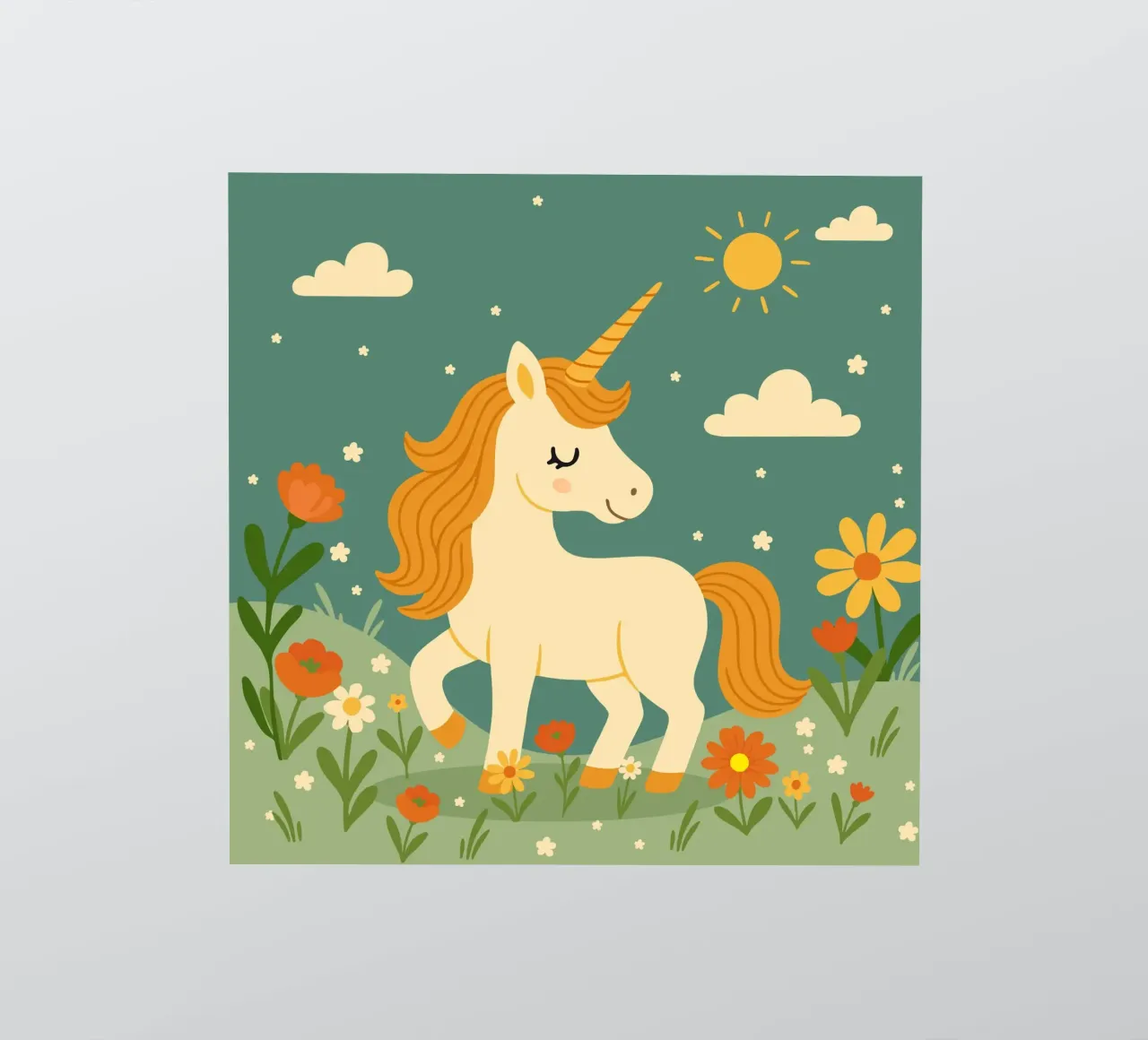 Unicornio en un prado de flores - Alegre escena con sol pegatina de namosh