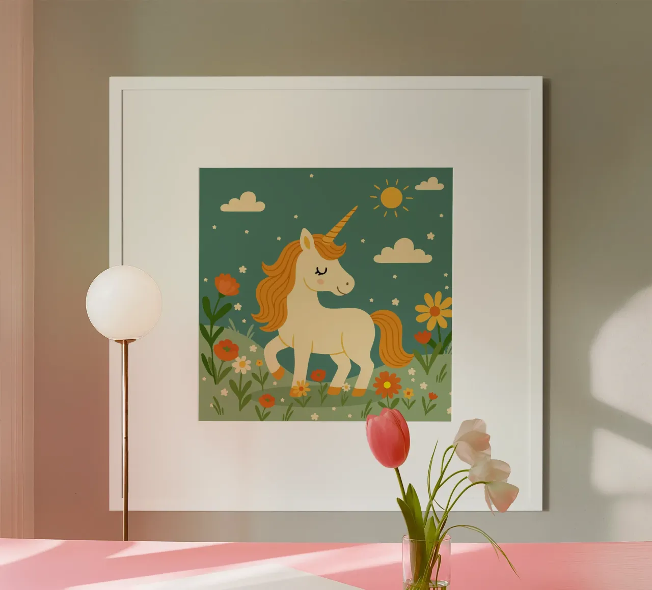 Unicornio en un prado de flores - Alegre escena con sol hahnemühle de namosh