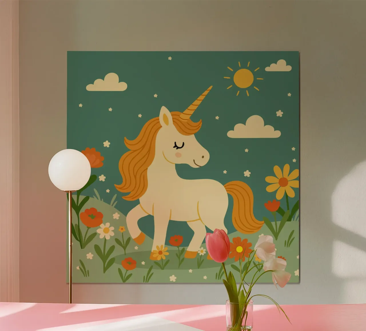 Unicornio en un prado de flores - Alegre escena con sol hahnemühle de namosh