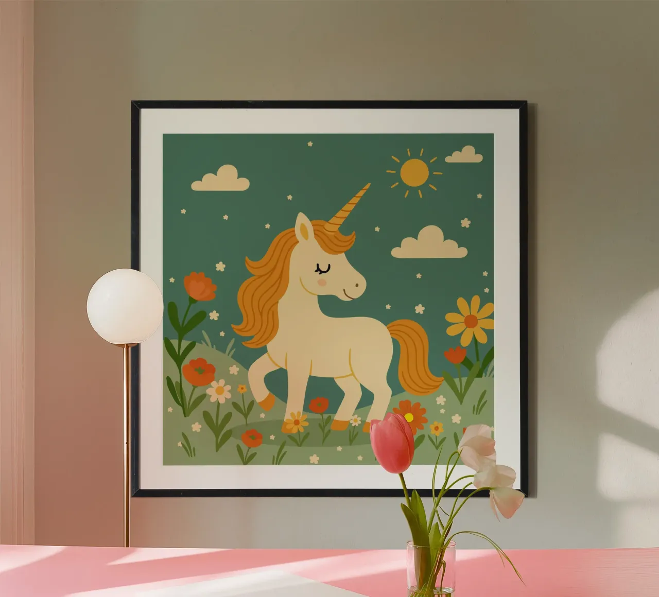 Unicornio en un prado de flores - Alegre escena con sol hahnemühle de namosh