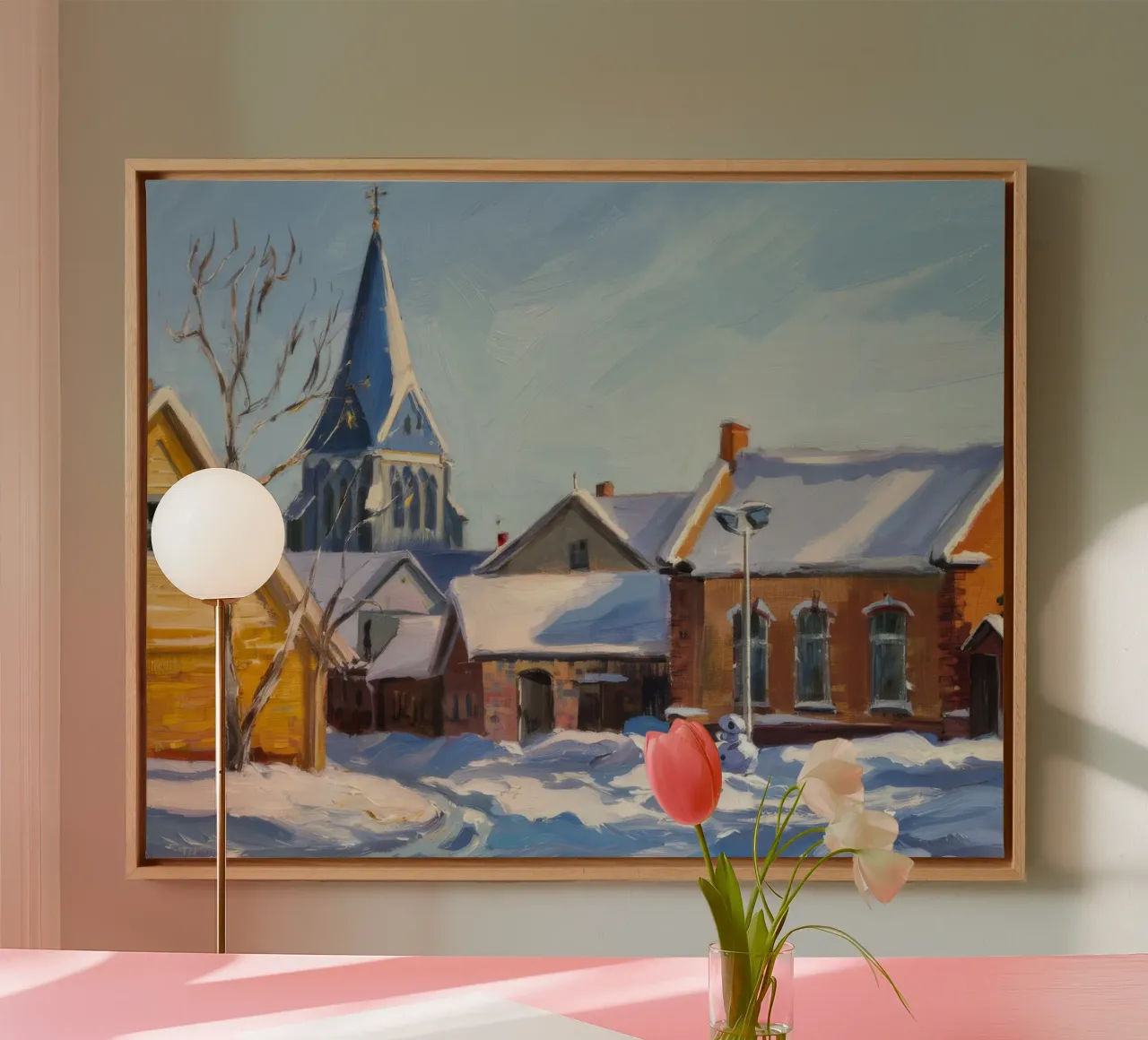 Clocher de l'église enneigée toile avec Caisse américaine de Silk Palette