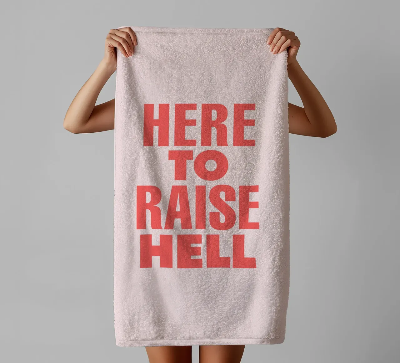 Here to Raise Hell Sassy Typography Print in Pink and Red towel by THE MOTIVATED TYPE