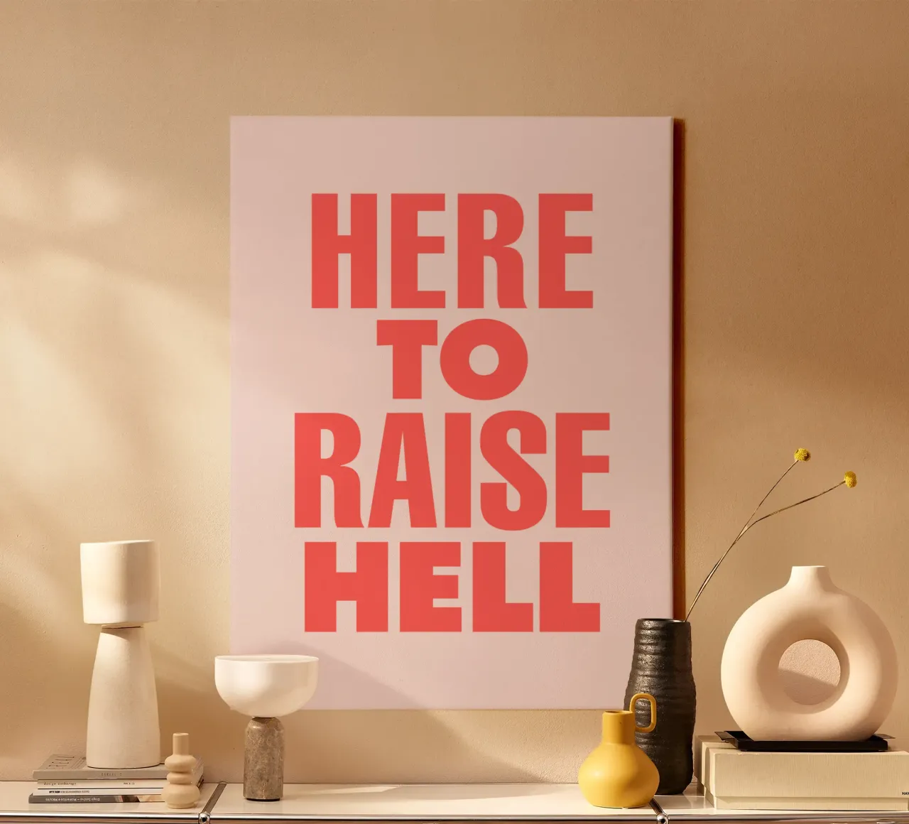 Here to Raise Hell Sassy Typography Print in Pink and Red canvas with Floater frame by THE MOTIVATED TYPE